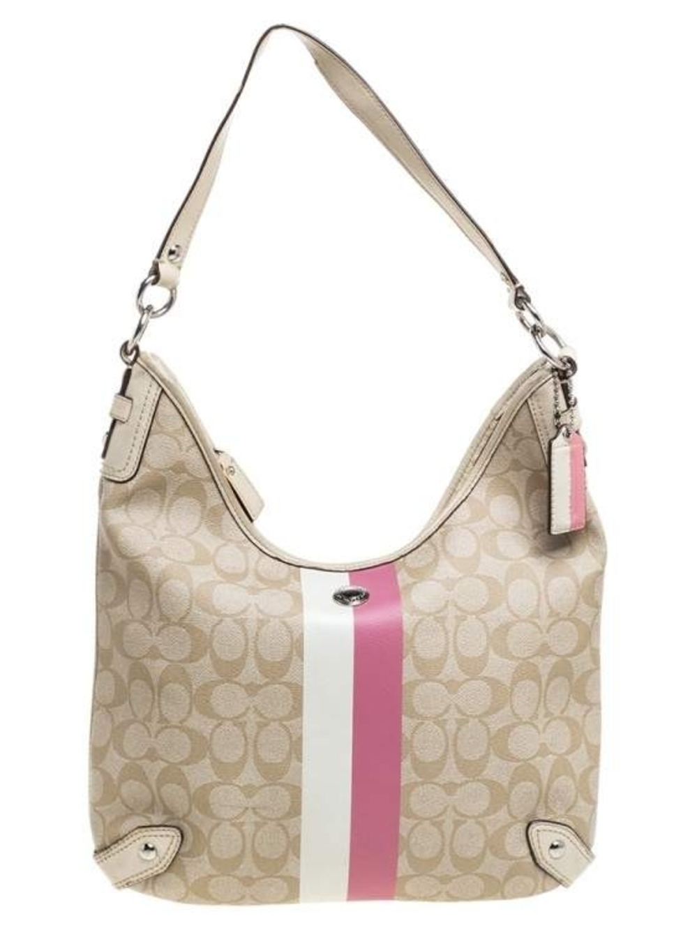 Coach Beige Signature Hobo with White and Pink Stripe